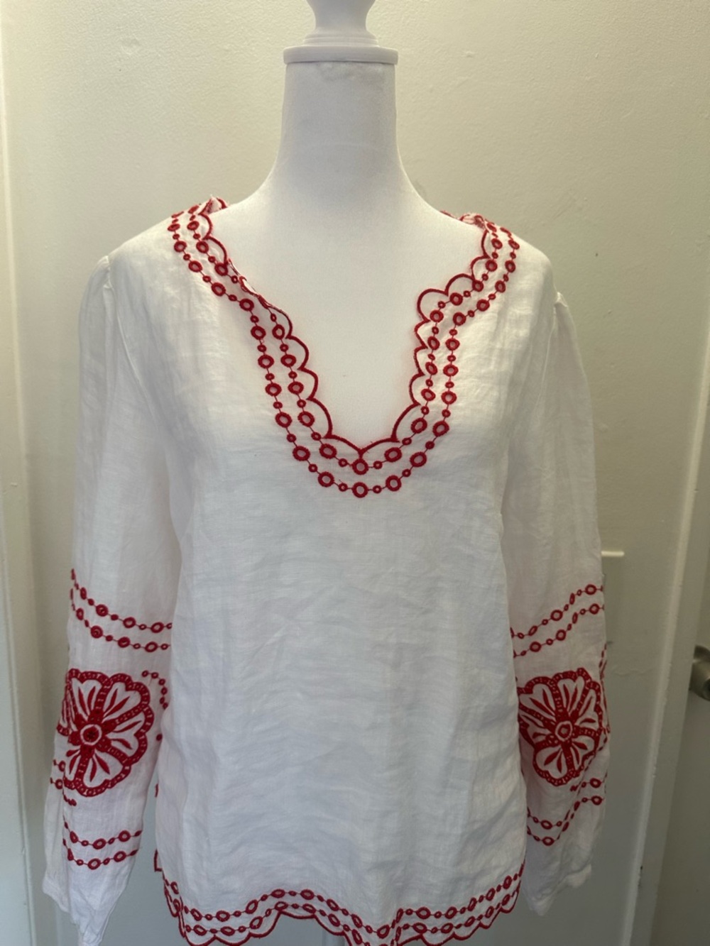 J. Crew White Linen V-Neck Blouse with Red Embroidery